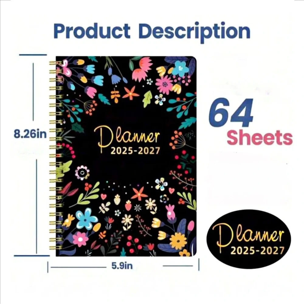 2025 - 2027 3 Year Black Floral Planner Calendar